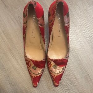Casadei Red and Gold Patterned Heels